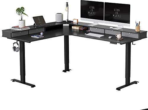FEZIBO DREI Motoren Schreibtisch Höhenverstellbar Elektrisch mit 5 obere Schublade, L Form Stehpult, Links und rechts austauschbar, 190 x 160 cm eckschreibtisch, Schwarz Rahmen/Schwarz Tischplatte