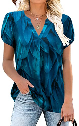 Siddhe Damen Bluse Elegant Festlich Damen Kurzarm T-Shirts Longbluse für Frauen Elegant Sommerbluse Weit Geschnittene Tshirts Damen Locker Oberteile Weite Blütenblatt Ärmel Formel Bluseshirt, M