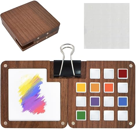 Tragbare Skizzenbuch-Palette, Mini-Reise-Farbpalette aus Holz mit 15 Rastern und 1 Clip, Aquarell-Farbpalette, Acryl-Malerei, Farbschoner, Mischtablett mit Deckel für Aquarell-, Öl-, Gouache-Malerei