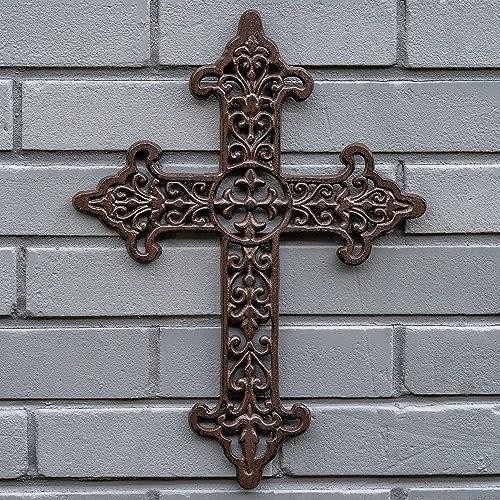 Woodside Cast Iron Cross Wall Decoration, Indoor/Outdoor Wall Mounted Sculpture, Home/Garden Accessory