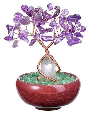 JOVIVI Albero della Vita Soprammobile in Pietra Naturale con Bacchetta di Cristallo Feng Shui Albero Portafortuna Torre Cristallo Curavito Reiki Guarigione Vaso Ceramica Decorazione Interni - Ametista