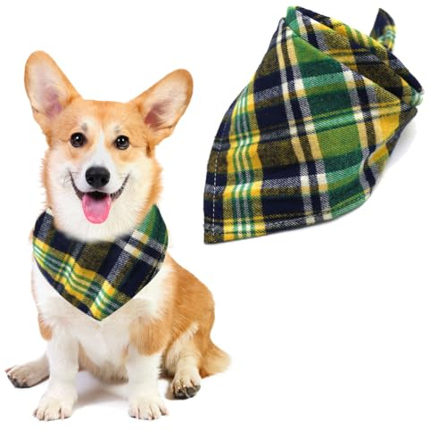 Voarge Hundeschal,Klassisches Kariertes Hundehalstuch, Bandana für Hund,Waschbare Halsdreiecke für Kleine Mittlere und Große Hunde Katzen (Grün Karierter Schal, L)