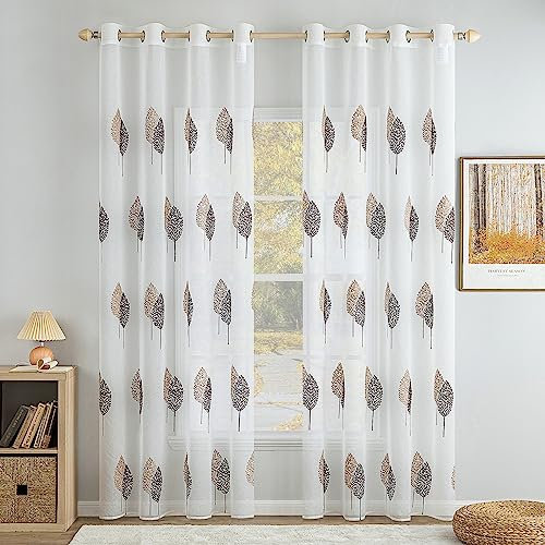 MIULEE Wohnzimmer Vorhänge Transparent mit Kaffee Braun Blätter Muster, Extra Lange Stickerei Gardinen Ösen für Schlafzimmer Deko, 2er Set Schöne Blätter Muster Herbst Vorhang Fenster H 290 x B 140