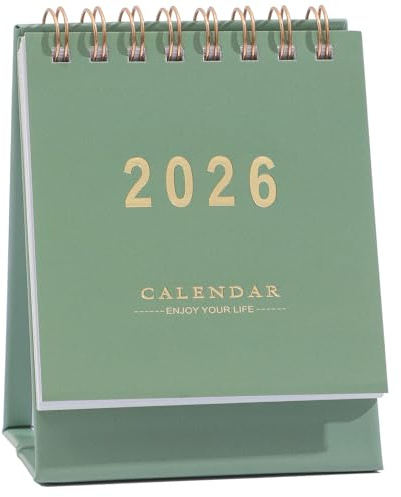 Mini-Tischkalender 2026–2027, Juli 2026 bis Dezember 2027, kleiner aufstellbarer Monatskalender 2026 zum Umblättern, starkes Papier, Doppelringbindung, für Zuhause oder Büro, Grün
