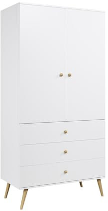 BETTSO - Kleiderschrank mit Schubladen und Kleiderstange - mit hohen Beinen aus Holz - Kleiderschrank 100cm breit, 202cm hoch - Schrank für Schlafzimmer, Wohnzimmer, Flur - Weiß