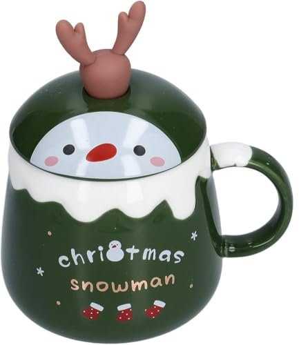 MAGICVOGEL Süße Weihnachtstasse mit 3D Hirschhorn 450ml Keramik Kaffeebecher weihnachtlichem Design Kaffeetasse mit Rührlöffel Geschenk für Familie & Kollegen (Grün- Christmas Santa)