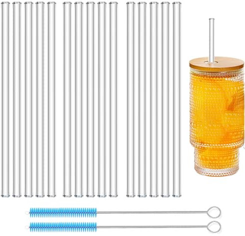 15pc Borosilicate Glass Straws Shatter Resistant Reusable - Extra Long 12 Inch 10mm Wide for Smoothies, Cold Drinks, Cocktails - BPA Free Thick Clear Drinking Straws