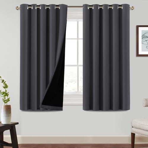 BellaHills 100% Blackout Curtains for Bedroom Thermal Insulated Blackout Curtains Heat and Full Light Blocking Eyelet Curtains for Living Room with Black Liner 2 Panels, 66 x 54 Inch, Charcoal Grey