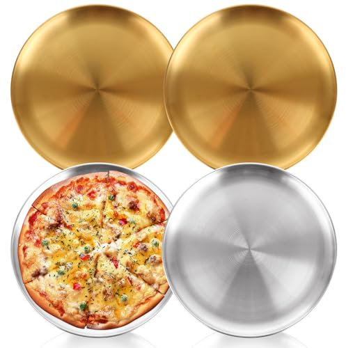 SHUESS 4 Pcs Stainless Steel Pizza Oven Trays - 12 Inch Pizza Baking Pan - Round Baking Trays - Non-Stick Pizza Trays for Oven, Healthy and Durable, Dishwasher Safe (Silver and Gold)
