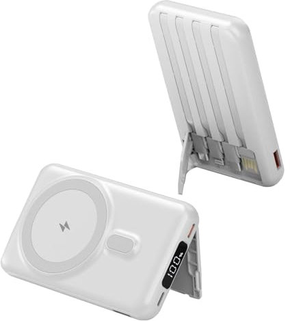 All in One Mini Power Bank! Wireless AND Built-in Type-C, USB, Micro, and lightning cables. Compatable with all smart phones. Cable cover/stand, 10000mAh, Super Fast (22.5W), (White)