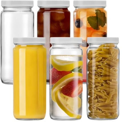 6 Pack Juicing Glass Bottles Set - 16 oz Jars, Reusable Juice Containers with white Lids, for Juice, Smoothies, Water, Milks, Beverage Storage - Large Jug, Clear, Durable, Leak Proo