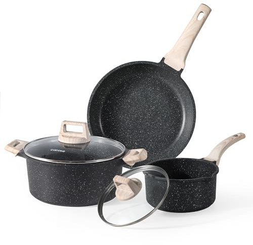 Carote Juego de utensilios de cocina antiadherentes de granito, 5 piezas compatibles con inducción con tapas, juego de utensilios de cocina con efecto de piedra negra sin PFOA con asas de madera