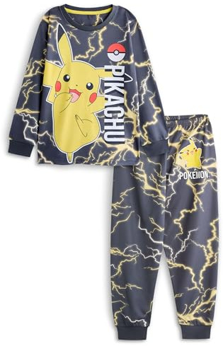 Pokémon Pikachu Jungen-Pyjama-Set | Langärmliges Oberteil mit Pikachu-Charaktergrafik für Kinder und Pyjamahose mit langem Bein in Schwarz | Kinder-Nachtwäsche mit Pokeball- und Blitz-Print