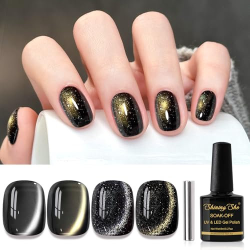 Shining She Gel Nail Polish Cat Eye, 4 Colours Black Grey Crystal Magnetic Gel Polish with Magnet Soak-Off UV/LED Glitter Gel Polish for Nail Art Salon DIY Home, 8 ML