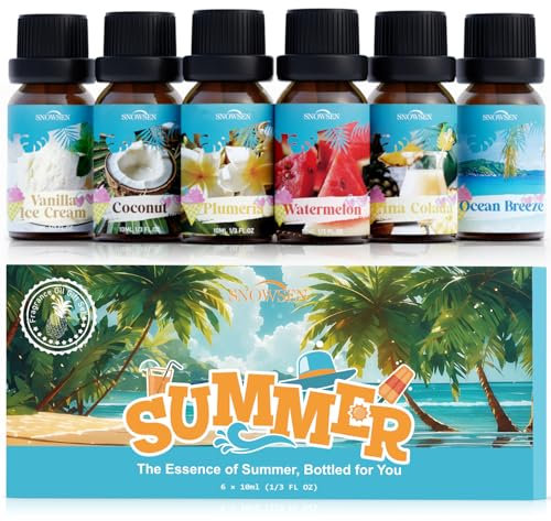 SNOWSEN Sommer Ätherische Öle Set, 6 x 10 ml Ätherische Öle für Diffusor, Duftöl-Geschenkset, Seifen-Duftöl – Wassermelone, Kokosnuss, Meeresbrise, Plumeria, Vanilleeis, Piña Colada