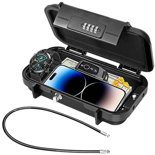 Coffre-fort Portable, Petit Sécurise Coffre Fort, Étanche Antivol avec Câble Métallique Amovible pour Voyages, Hôtel, Sport, Plage, Vacances (Noir)