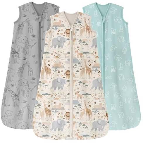 Unnivoll 3er Pack Schlafsack Baby Sommer 0.5 Tog 100% Baumwolle Sommerschlafsack Babyschlafsack 6-12 monate 78 cm für Jungen Mädchen Neugeborene Aprikose Grau Grün Elefant
