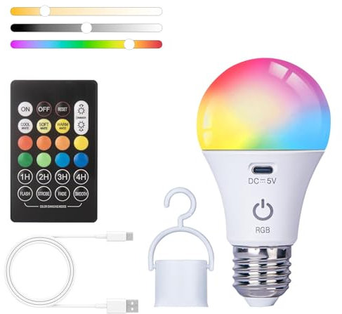 JCPYIUL LED Rechargeable Light Bulb with Remote, Battery Operated Light Bulbs for Lamps, Smart RGB Color Changing Bulb with Hook, E27 Base, Non-Hardwired