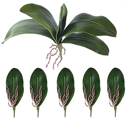Lapyyne Phalaenopsis Orchideen BläTter KüNstliche Aussehende Wurzeln Latex Pflanzen GrüN Faux Blatt Anordnung,6 StüCk