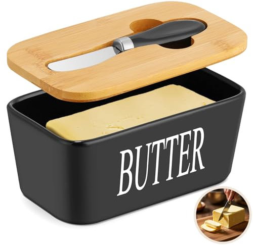Mantequillera de Cerámica con Tapa Bambú, Cuchillo & Anillo de Silicona, Mantequera de Porcelana Hermético, Recipiente Mantequilla Multifuncional, Contenedor Manteca para Todo Tipo de Queso, Aceitunas