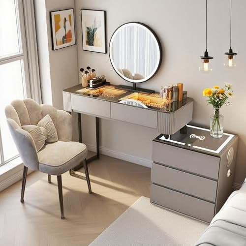 Vofikoli Tocador con espejo y iluminación LED, mesa de maquillaje con tablero de vidrio, espejo redondo tricolor con Smart Touch, mesa de maquillaje moderna para niñas y mujeres (Gris con silla, 100CM