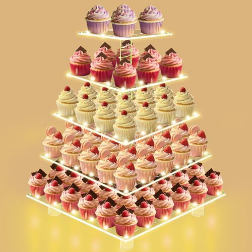 RLHDIS 5 Tier Cupcake Stand,Clear Tiered Cupcake Tower with String Lights, Large Square Cupcake Holder Dessert Display for Baby Shower, Tea Party and Wedding