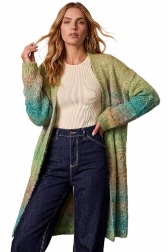 Roman Women Fluffy Cardigan Ladies Winter Cardi Longline Edge to Edge Ombre Coatigan Casual Sparkly Glittery Jacket Knitwear Knitted Autumn Fleecy Cosy Soft Coats - Green Ombre - Size 20