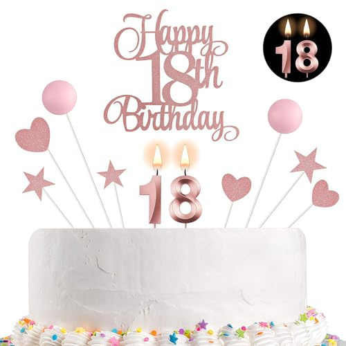 AuraFusion 18. Geburtstag Mädchen Deko Set - 18. Geburtstag Kuchen Dekorationen, Kerzen und Glitzer Topper - Partyzubehör für Geburts (rosa)