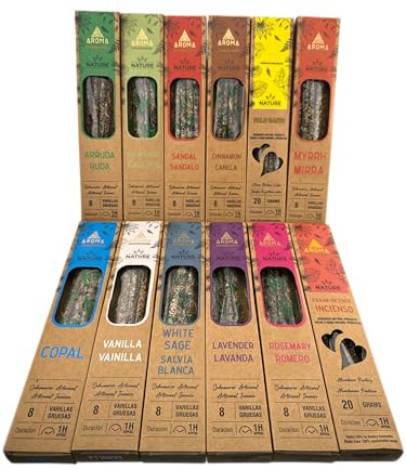 HOSTENATURA Aroma Nature | Kit Incienso Orgánico Variado | 12 Cajas de Inciensos Naturales Artesanales | Incluye Copal, Vainilla, Salvia, Lavanda, Romero, Ruda, Sándalo, Canela, Palo Santo y más