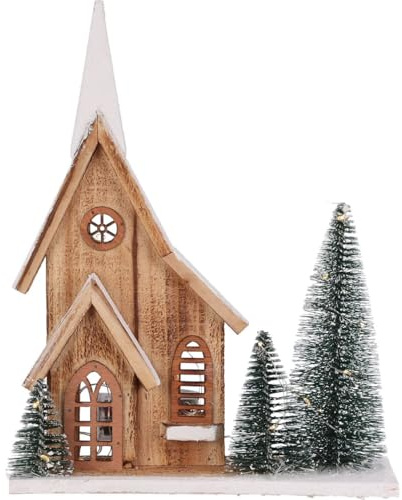Carousel Home LED Wooden Christmas House with Bottle Brush Trees | Light-Up Nordic Village Ornament | Rustic Festive House Decoration - 34.5cm