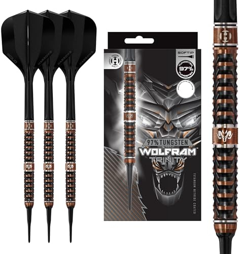 Harrows Wolfram Trinity 97% Wolfram-Softtip-Darts mit CNC-gefrästen Barrels, TiN-Beschichtung in Bronze, Quick Point Tech und dem integrierten Solo-Schaft- und Flight-System (18 g und 20 g)
