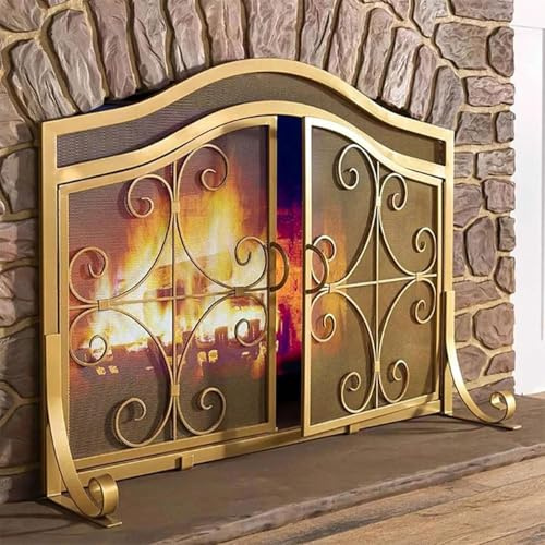 DLLDQBD Einteilige Goldene Scroll-kaminblende Aus Metall Mit 2 Türen 37,8 × 30,7 Zoll, Kamin-funkenschutz Aus Massivem Stahl Mit Flachem Torständer Und Netzabdeckung(Color:Gold)