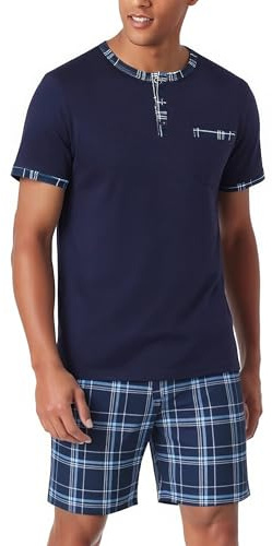 Litherday Men's Pyjamas Set Cotton Short Sleeve PJs Set for Men Summer Crew Neck Sleepwear Loungewear with Pockets