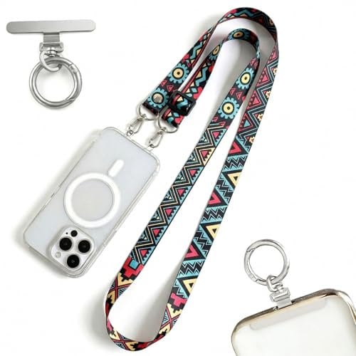 Correa para Móvil Universal y Cuerda para Colgar el Móvil Ajustable con Diseño Maya Tótem, Colgante Móvil con 2 Parches de Acero Inoxidable y Anilla Metálica para Smartphone