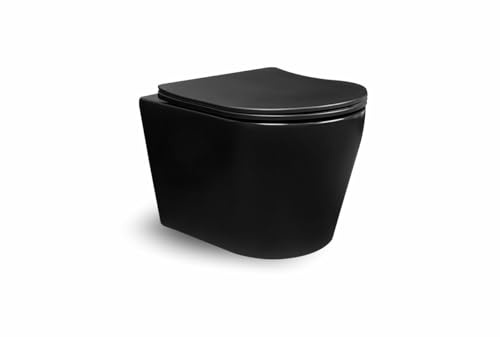 ERFU WC suspendido en la pared con tapa de cierre suave y tapa ultrafina, inodoro redondo flotante de cerámica de alta calidad (negro mate)