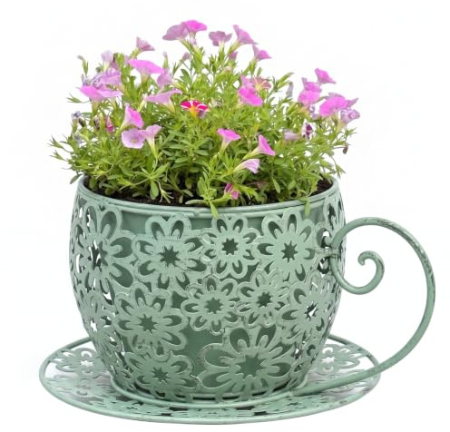 Bemonew Pot de fleurs décoratif vintage en forme de tasse à café avec motif floral creux, poignée et plateau pour cour, café, vert