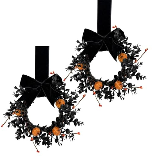 Halloween krans Svart och orange gotisk bondgårdsstil girlang och | Svart Halloweenkrans För Användning Under Hösten Inomhus Och Utomhus, I Trädgården, På Väggen Och Vid Lantliga