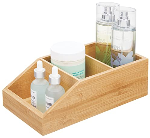 mDesign Aufbewahrungsbox aus Bambusholz – große Holzkiste mit 3 Fächern für Kosmetik, Schminke und andere Badaccessoires – umweltfreundlicher Organizer für Bad, Küche und Co. – naturfarben