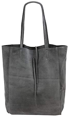SH Leder ® Damen Echt Wildleder Shopper mit Innentasche in vielen Farben Schultertasche Henkeltasche 37x29cm Katrin G261 (Dunkel Grau)