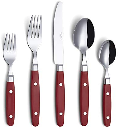 ANNOVA Ensemble de couverts/couverts en acier inoxydable avec poignées de couleur et rivets/style rétro. (Red, 20 Pieces)