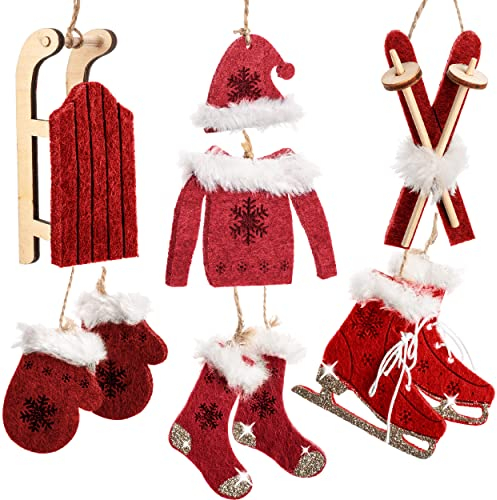 alles-meine.de GmbH 10 TLG. Deko Set - Winter & Weihnachten - Farbwahl - Ski/Schlittschuhe/Schlitten - Natur braun & rot - aus Holz - Miniatur/Diorama - Anhänger - Weihnach..