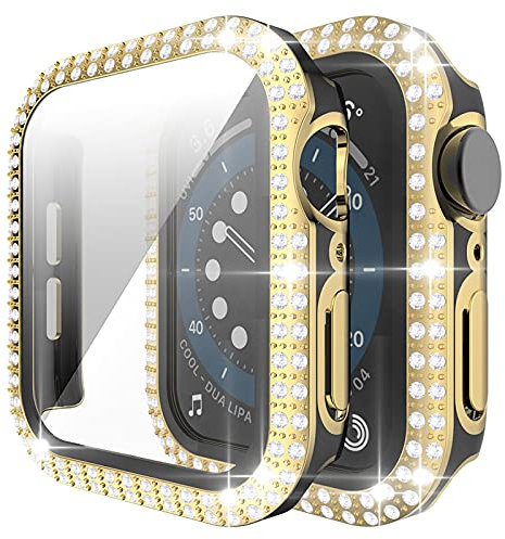 Miimall Funda para Apple Watch Series 3/2/1 38mm 42mm Diamantes de Imitación Protección Completo PC Cover con Protector de Pantalla Cristal Templado Case para iWatch 38 mm Negro + Oro