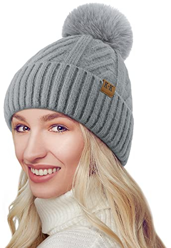 VIKEY Mütze Damen mit Bommel - Warme Strickmütze Fleecefutter Wintermütze Cuffed Beanie Damen Winter Bommelmütze