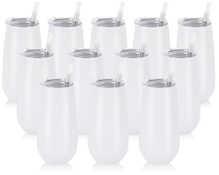 Lot de 12 verres à champagne sans pied - 177 ml - Double isolation - Incassables - Pour amis, anniversaire, Noël, mariage - Blanc