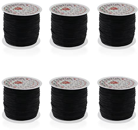 6 Rolls 0.8mm Flat Elastic Cord for Jewelry Making, 60m/65yard Elastic String for Bracelet, Stretchy Bead Cord, Stretch Thread Beading Cord for Necklace Beading Crafts, Black