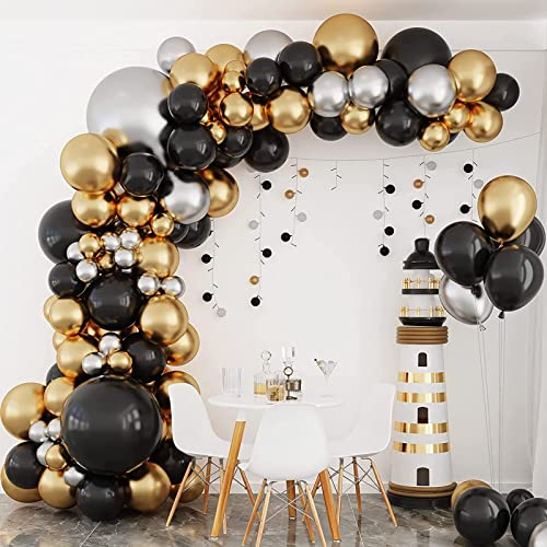 Luftballon Girlande Schwarz Gold, 134 PCS Schwarze Gold Silber Luftballons, Ballon Girlande Schwarz Gold für Geburtstagsdeko Mann Frauen, Silvester Deko 2024, Neujahr, 18 30.Geburtstag Deko Junge