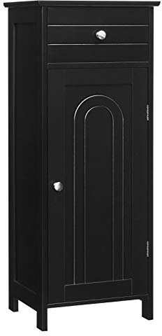 COSTWAY Meuble de Salle de Bain en Bois sur Pieds, Armoire de Rangement à Porte avec Grand Tiroir, 2 Étagères Réglables et Dispositif Anti-Dumping, 35,6 x 30,5 x 88 cm (Noir)