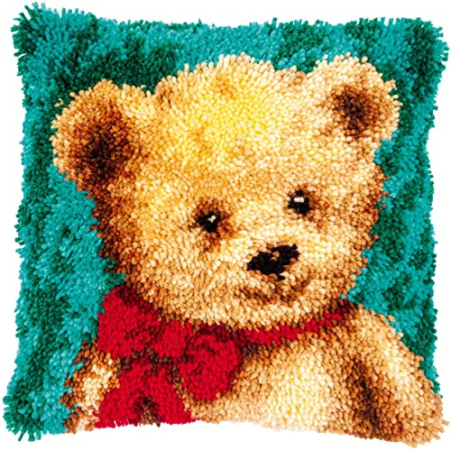 VERVACO Gancho De Pestillo Cojin Decorativo Little Bear DIY Manualidades Adultos Set Creativo Regalo Bordado Principiantes Kit Approx. 40 x 40 cm Latch Hook Embroidery Knotted Cotton, Multi-Coloured