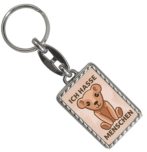 Ich hasse Menschen Teddybär Schlüsselanhänger mit Bordüre Süßer Bär mit widersprüchlichem Spruch für Misanthropen Menschenhasser lustiger Anhänger für den Schlüsselbund Geschenk