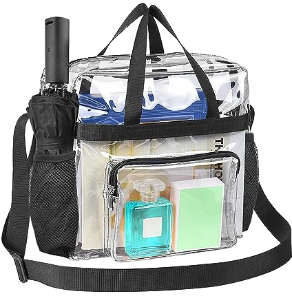 REFORUNG Bolsa de Asas Transparente para Maquillaje Bolso de Mano de Aseo con Bolsillos Bandolera para Viajar, Playa, Estudiante, Trabajo (Negro)